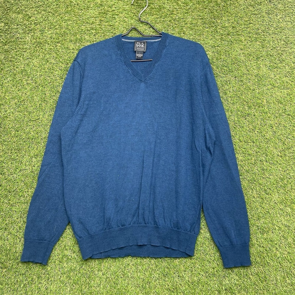 Jos A Bank Sweater Mens Large Merino Wool Travelers Blue V Neck Preppy Modern